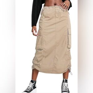 Tan Utility Cargo Long Skirt, Adjustable Maxi Skirt Ruched, with Pockets